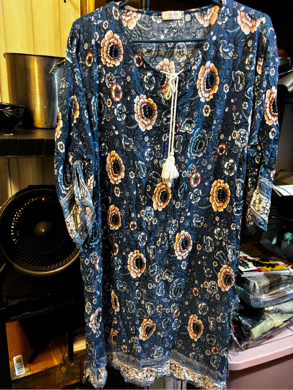 Women's Navy Floral Long-Sleeve Tunic Dress with Tassel Tie